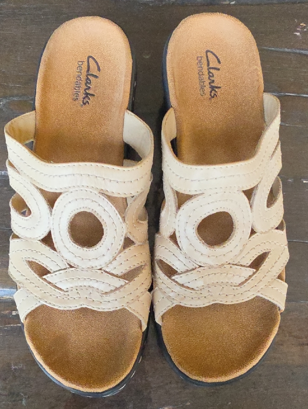 Clarks Beige Cutout Leather Slide Mules